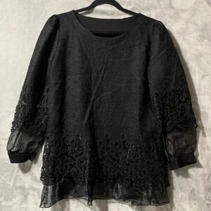 Black Lace Overlay Blouse with Sheer Sleeves & Hem‎ Elegant Whitchy Whimsygoth